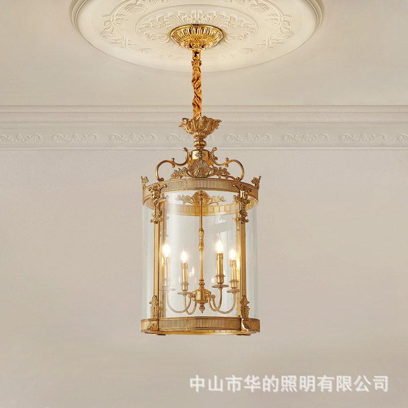 法式别墅楼梯过道走廊小吊灯欧式古典玄关灯复古阳台玻璃全铜吊灯