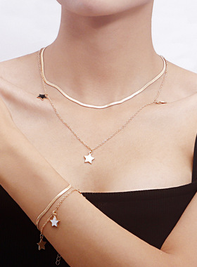 欧美跨境饰品双层蛇链潮流黑白五角星吊坠项链手链套装女百搭项饰