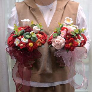 新款直销041婚礼仿真玫瑰订婚结婚手捧花跨境手工毛线编织针织花