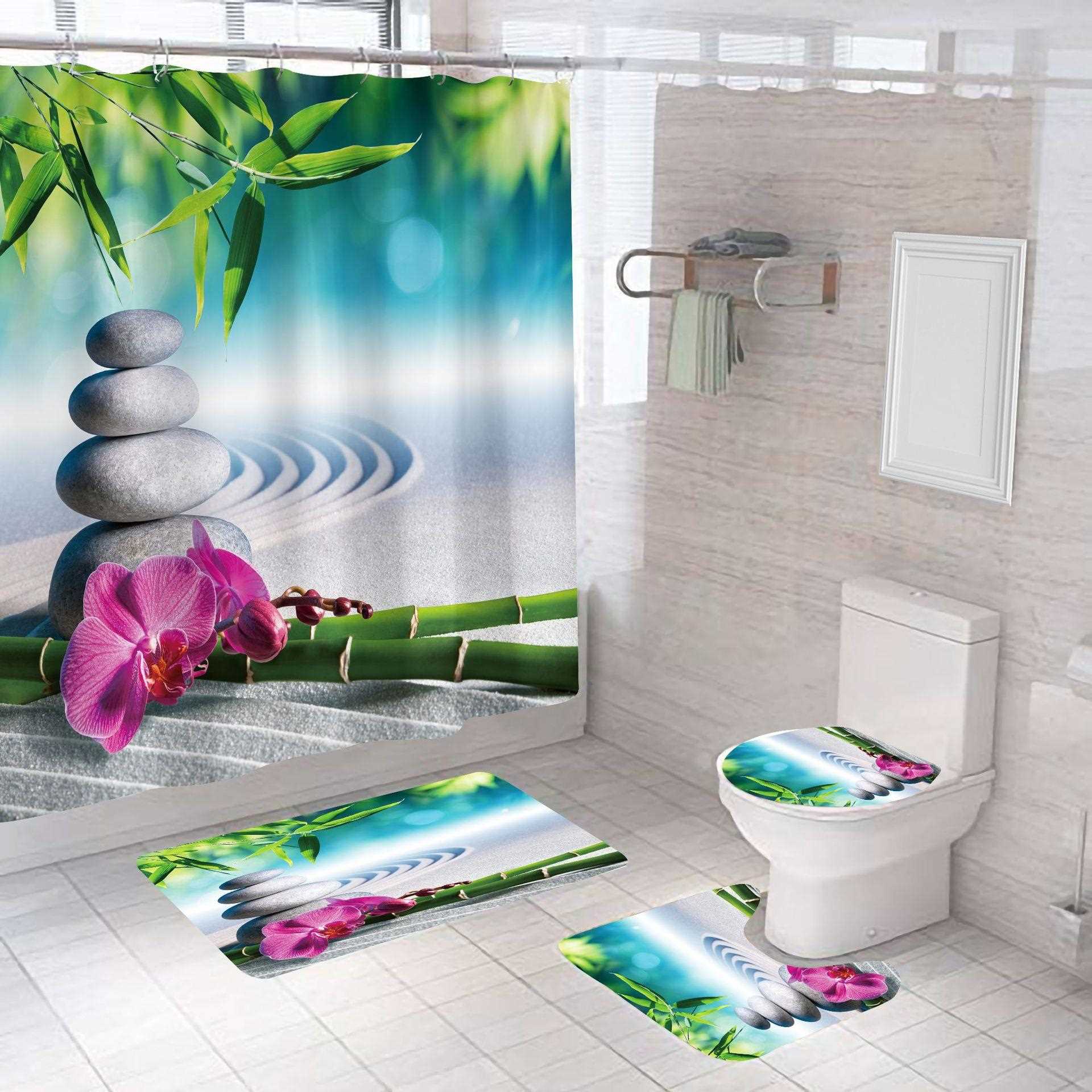 直销新款跑量防水石头系列浴帘 涤纶浴室窗帘直供数码印花淋浴帘