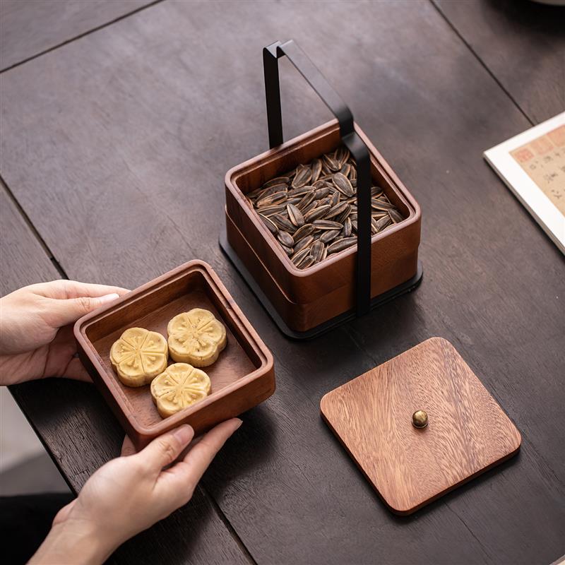 胡桃木春节茶点收纳盒糖果瓜子多层实木盘带盖复古过年收纳小碟盘