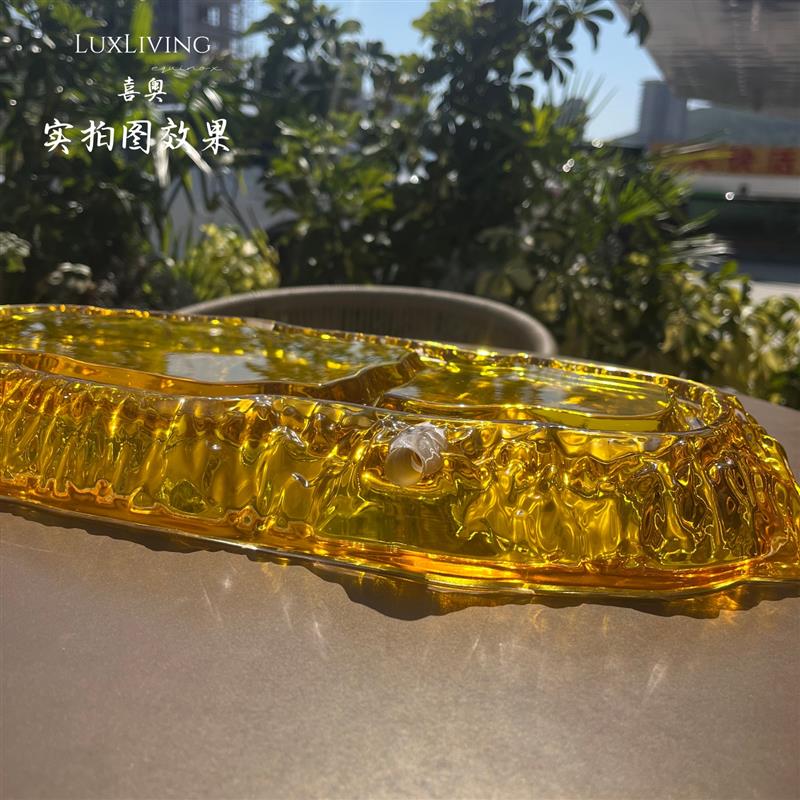 日照金山茶盘纯手工水晶玻璃茶托盘轻奢精致家用办公客厅金色茶盘