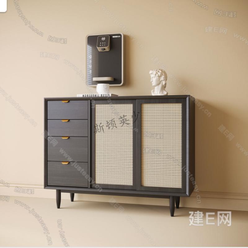 新中式实木餐边柜储物柜藤编移门餐厅靠墙实木柜储物柜多功能置物