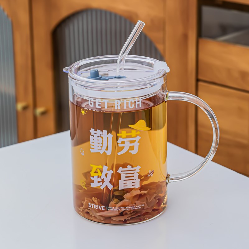 大容量玻璃杯1L高颜值办公室耐高温家用喝水杯子带盖泡茶杯带把手