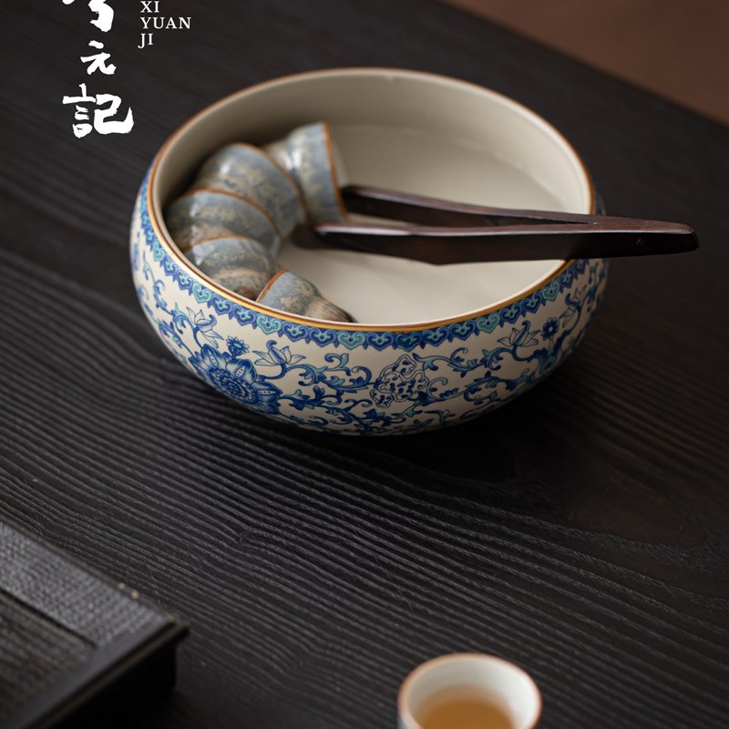 青花汝窑陶瓷大号茶洗杯洗家用茶渣缸水盂茶道零配建水功夫茶具