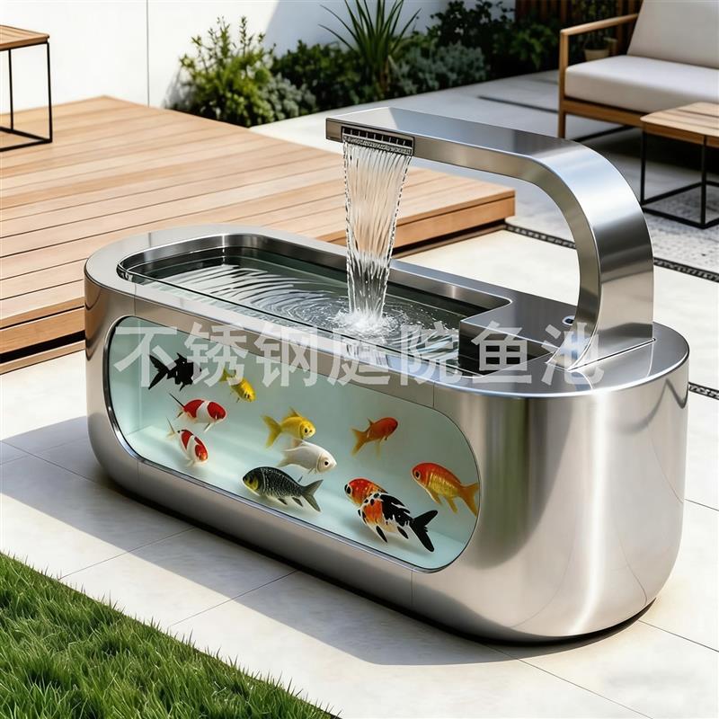 庭院不锈钢鱼池流水摆件家用鱼缸瀑布装饰可定制