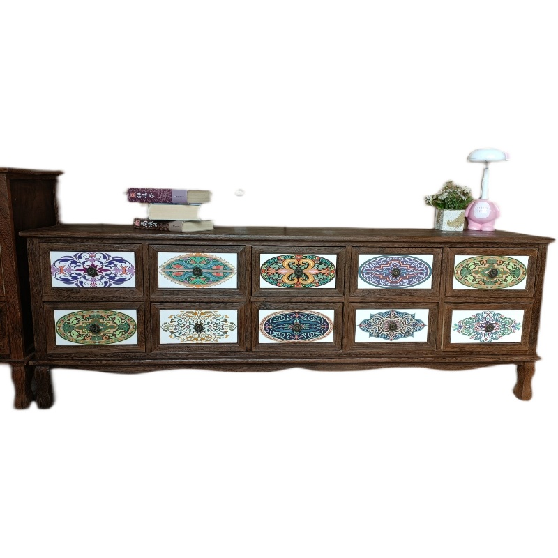 欧式实木电视柜美式收纳储物柜实木地柜彩色抽屉液晶电视柜客厅柜