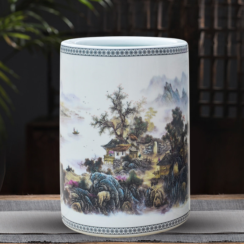 烟雨江南陶瓷花瓶 景德镇粉彩瓷直筒花瓶 适用于床头与客厅摆设