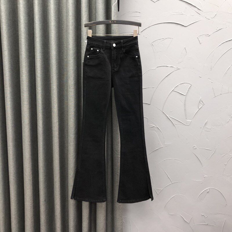 米杏色高腰微喇牛仔裤女2024年秋季时尚修身显瘦开叉直筒阔腿长裤