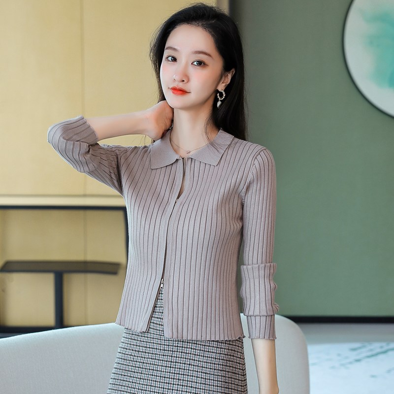 polo领针织开衫女薄款春季小个子气质短款上衣高级感拉链毛衣外套