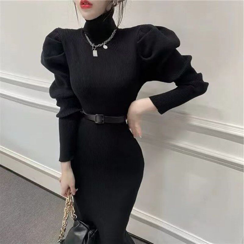 针织打底连衣裙女内搭秋冬季新款高领开叉中长款气质毛衣长裙过膝