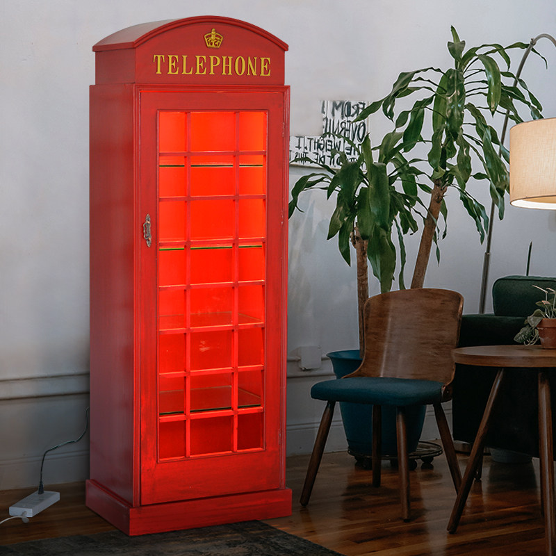 复古英式电话亭带灯储物柜客厅书柜服装店咖啡厅酒吧商场陈列摆件