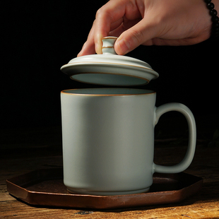 汝窑办公杯景德镇陶瓷杯带盖手工青瓷茶杯开片可养礼盒装家用水杯