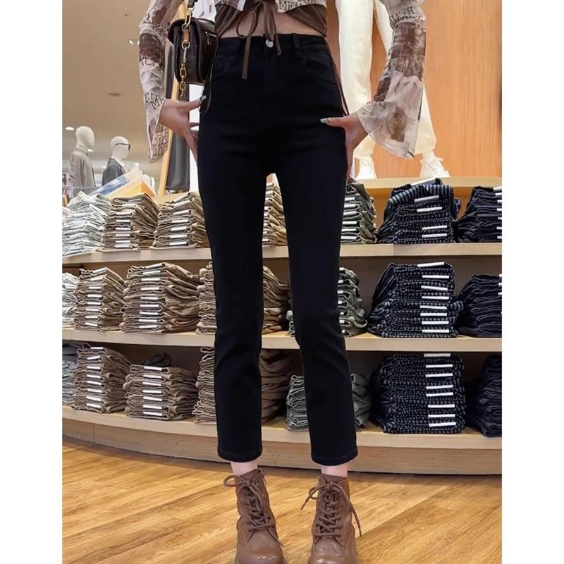 秋季新款大码黑色高腰弹力直筒牛仔裤女百搭显瘦小个子九分烟管裤