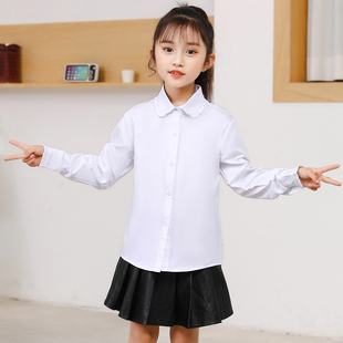 女童纯棉白色长袖衬衫大孩儿小学生春秋季娃娃领洋气jk衣校园服装