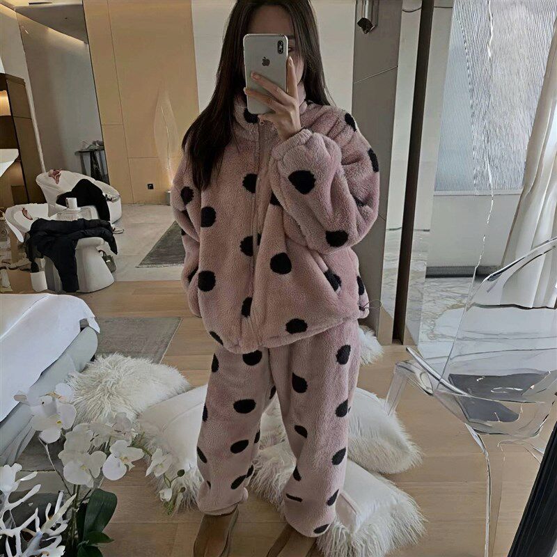 秋冬季波点睡衣女士加厚加绒毛绒保暖居家服套装拉链设计长袖冬服