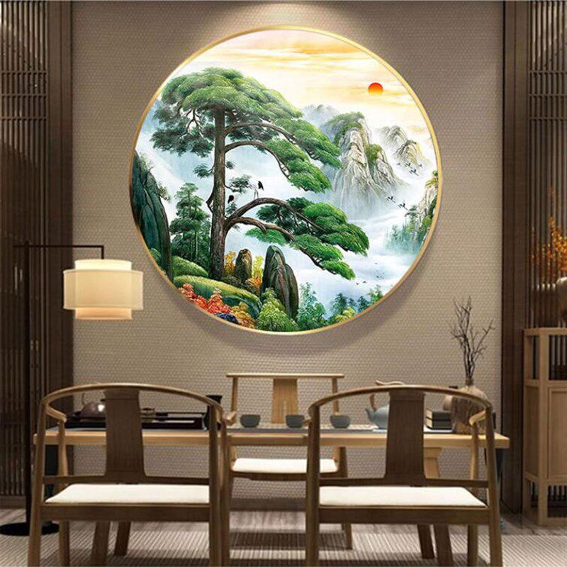 满绣十字绣全珠子绣 迎客松 圆形山水风景新款串珠绣彩珠绣珠珠绣