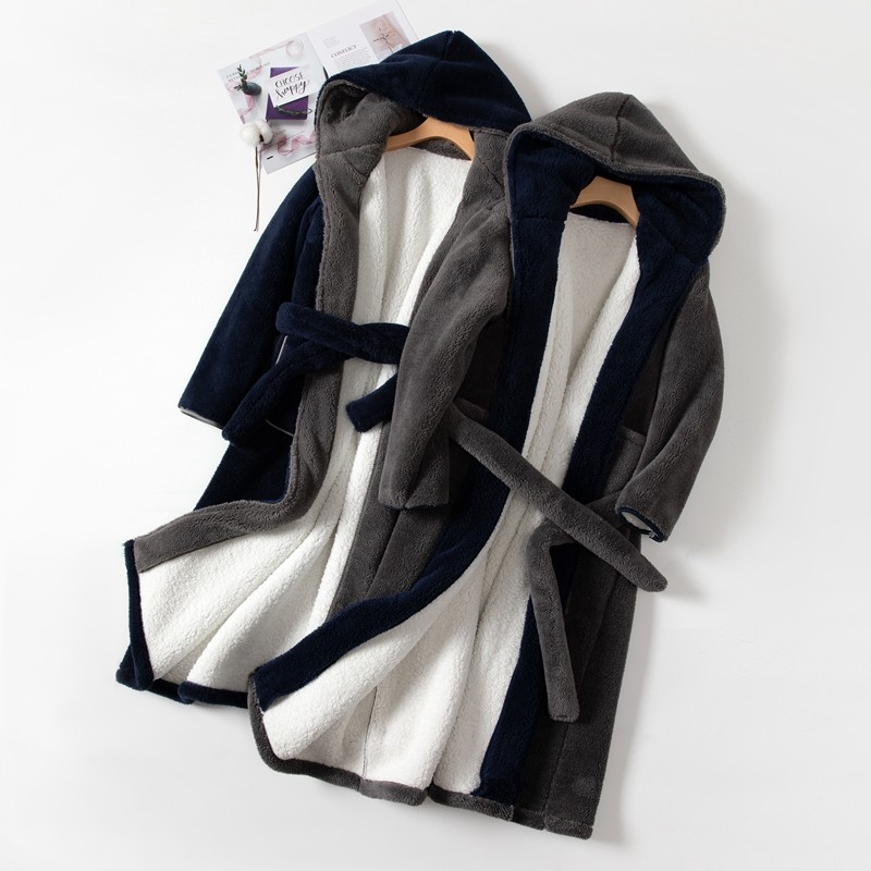 冬季珊瑚绒睡袍男冬款加绒加厚长款法兰绒男士长袍睡衣浴袍家居服