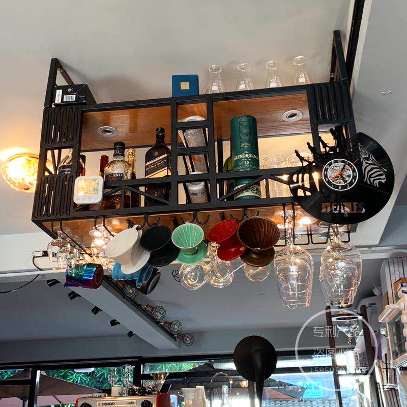 创意铁艺倒挂高脚杯架酒吧悬挂酒架酒柜吧台吊架家用实木吊顶吊柜
