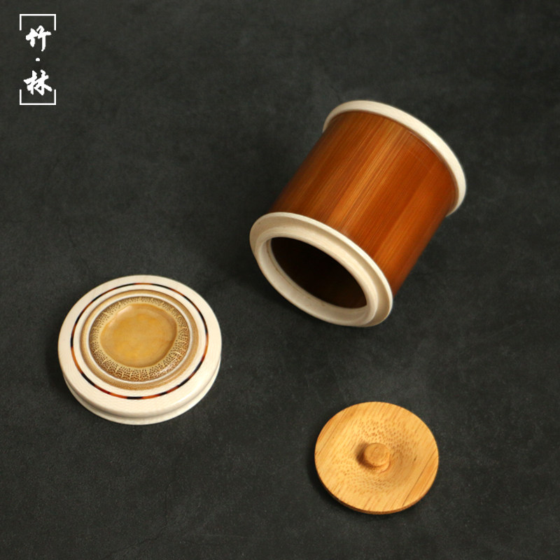 精品海派镶嵌老玉竹茶叶罐文玩家用竹制小茶仓便携式茶叶包装竹筒