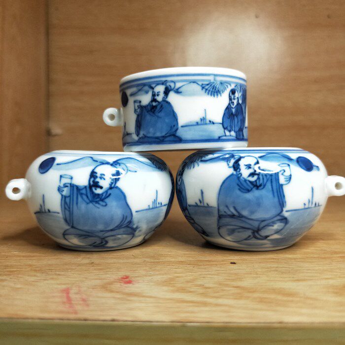 青花百灵手绘鸟食杯红蓝颠颏鸟碗 麻料金鱼人物图鸟笼杯子名氏堂