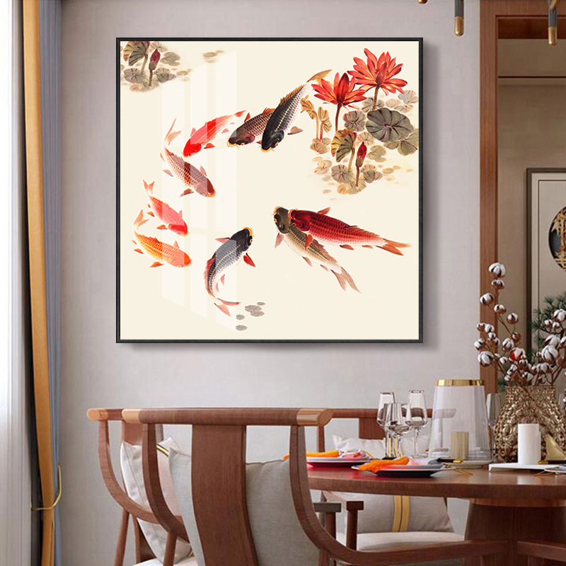 九鱼图玄关装饰画新中式餐厅挂画餐饮店包厢正方形背景墙锦鲤壁画图片