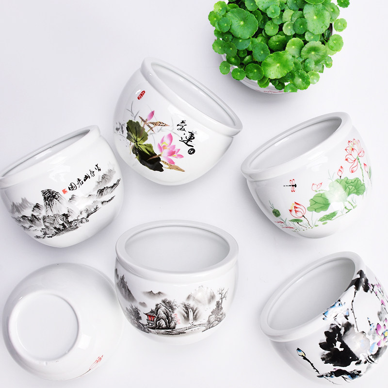 水培花盆铜钱草专用陶瓷白色圆形无孔容器小水养绿萝睡莲碗莲盆缸