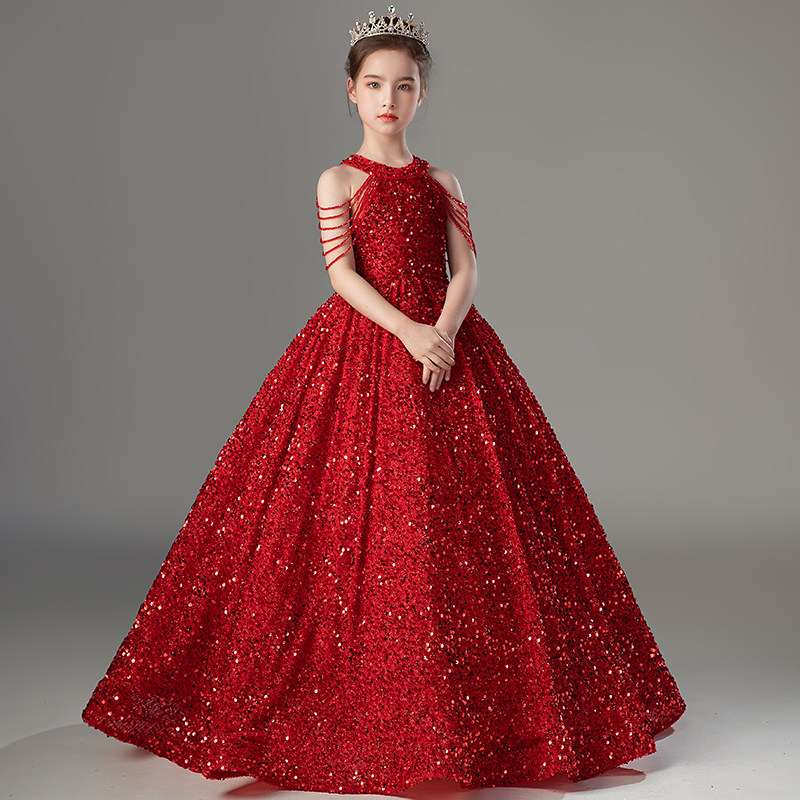 儿童礼服高端女童生日公主裙小主持人钢琴演出服模特走秀服装红色