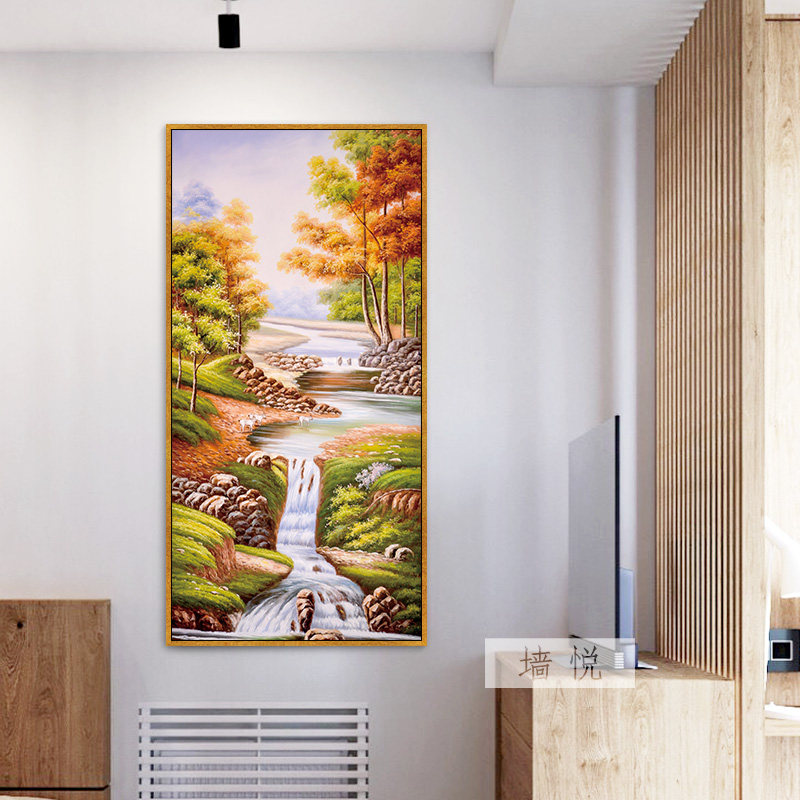 巨人山靠山图新中式流水生财玄关装饰画北欧田园竖版挂画青山壁画