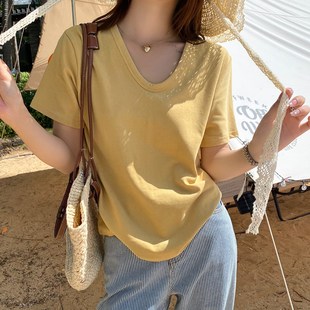 体恤减龄白色早春纯棉上衣 V领短袖 T恤女宽松2024夏季 新款 纯色半袖