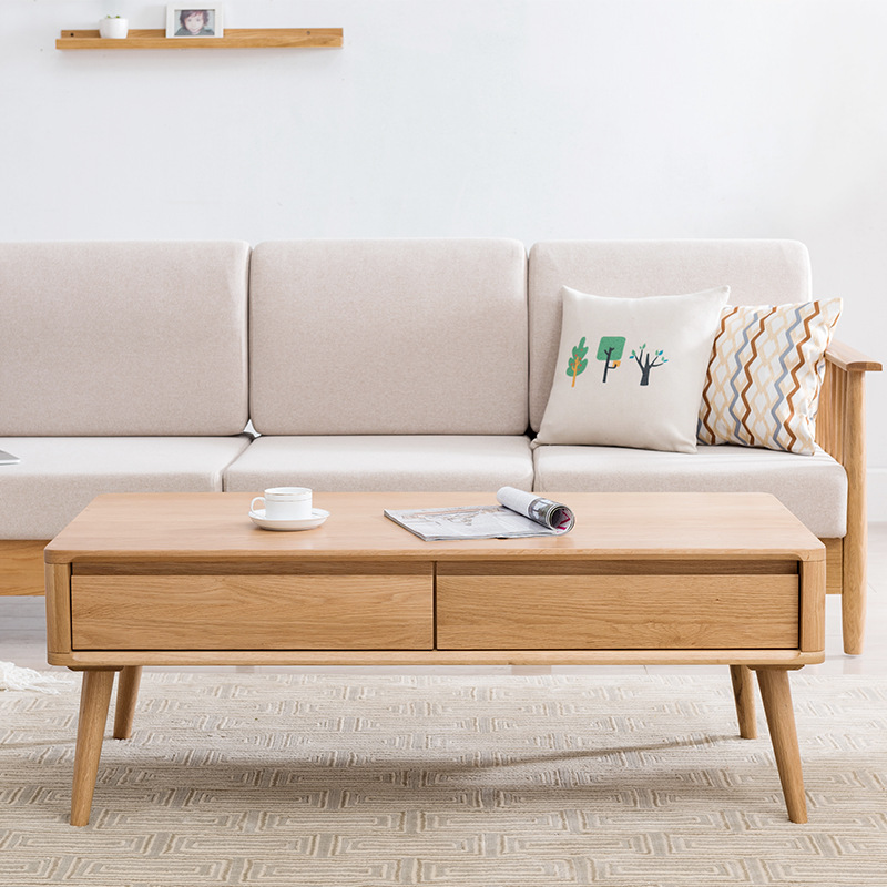 北欧风格实木日式长方形茶几简约原木茶桌升降白橡木原木色组装