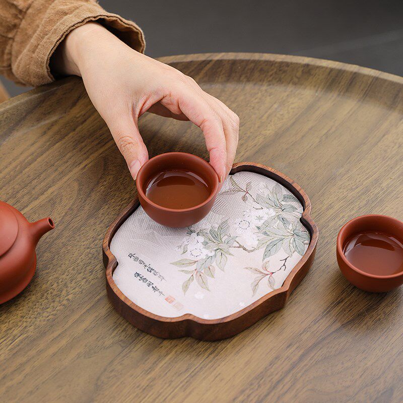 胡桃木壶承盘干泡台中式布艺茶杯垫小型茶托盘家用放茶杯复古茶盘