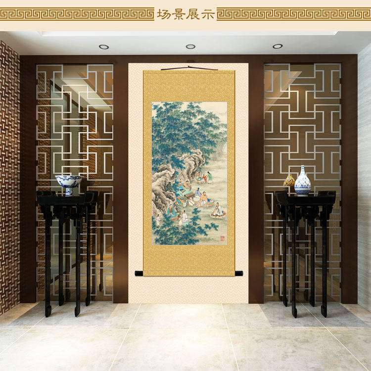 竹林七贤图人物画像 清晰茶酒文化复古装饰字画 绢布卷轴挂画定制