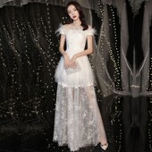 白色宴会晚礼服裙女气质高端主持人一字肩轻奢小众生日网纱长裙