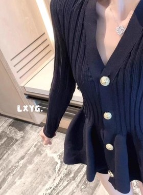 LXYG法式荷叶边V领收腰显瘦花苞裙上衣设计感针织开衫女中长款秋