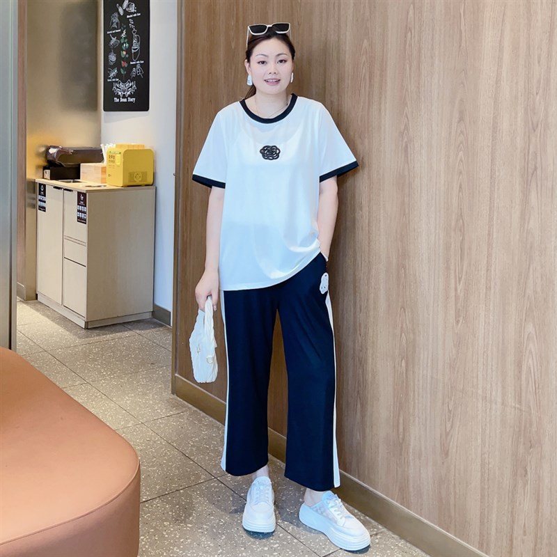甜觅特大码女装2023夏装胖mm300斤时尚套装宽松T恤+阔腿裤DF