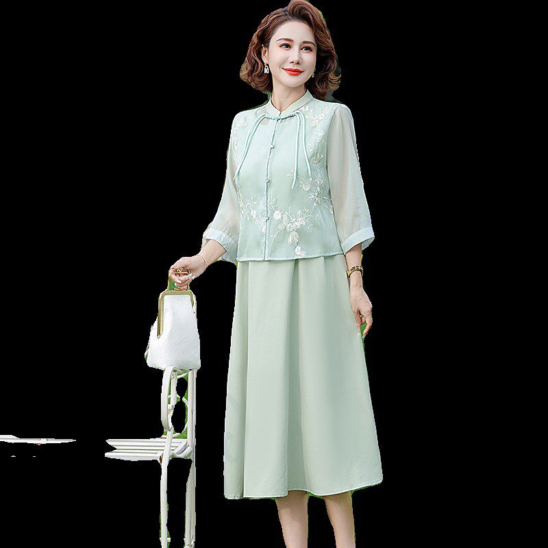 新中式妈妈连衣裙两件套2024春装新款国风裙子中老年女装夏季套装