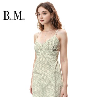 BM油画裙夏季新款绿色碎花小V领绝美浪漫风直筒显瘦吊带连衣裙爆