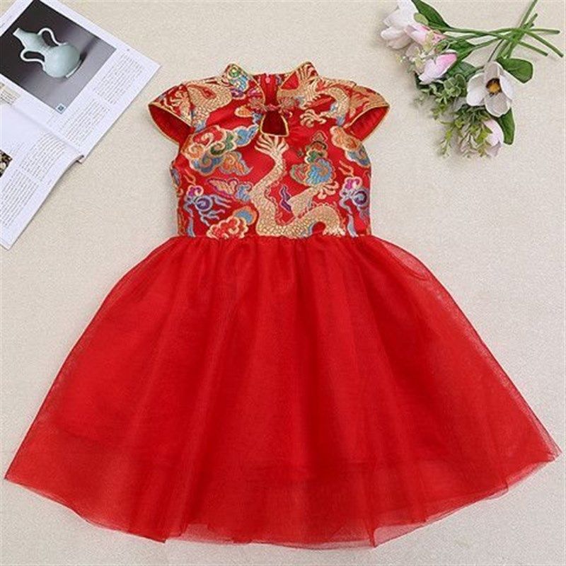 中国红范风儿童旗袍演出服女童古筝表演公主裙红色唐装夏装背心裙