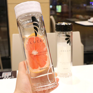 办公室双层玻璃杯简约小清新水杯学生男女士情侣茶杯耐热便携杯子