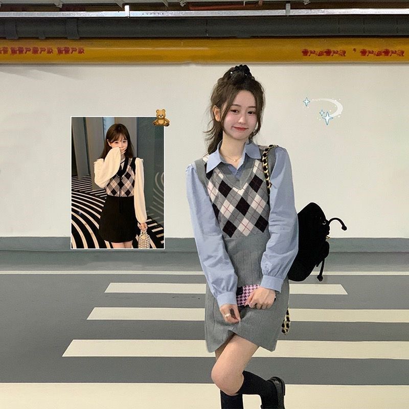 2023新款菱格纹针织连衣裙套装秋冬时尚学院风两件套小个子背心裙