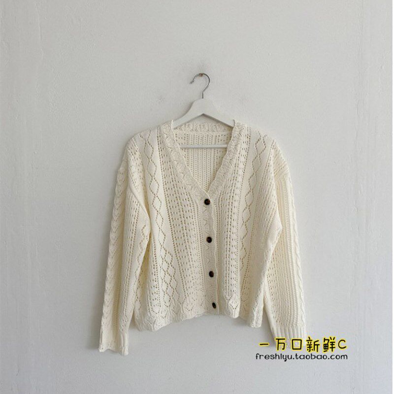 抹上春天的奶油 温柔镂空针织开衫~韩国少女复古学院宽松毛衣外套