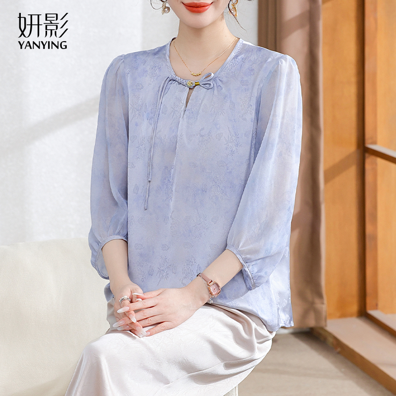 妍影媽媽夏季新款洋氣薄上衣印花緞面小衫