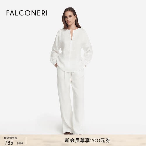 FALCONERI女士时尚经典简约休闲通勤亚麻镂空圆领长袖衬衫DML510D
