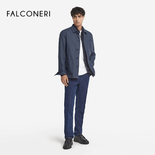 FALCONERI男士经典时尚通勤简约宽松翻领口袋棉质长袖衬衫UCL0208