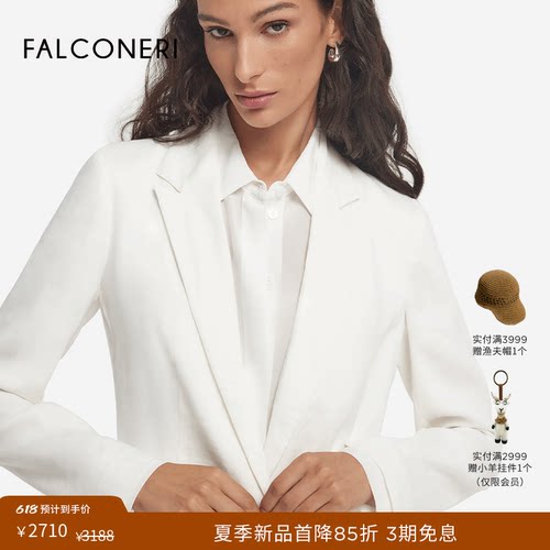 FALCONERI女士时尚宽松商务经典翻领亚麻混纺长袖西装外套DCL482E