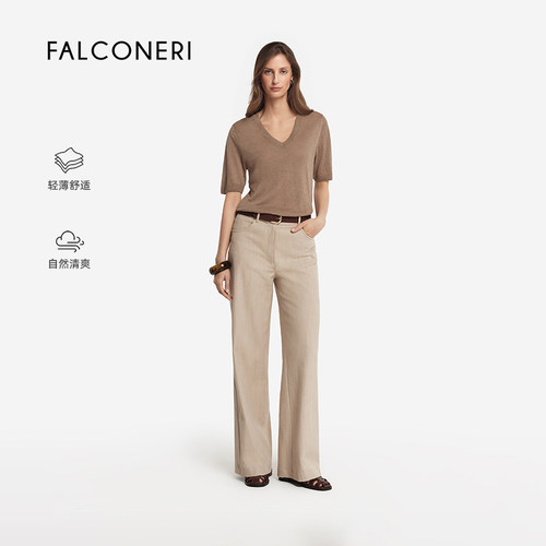 FALCONERI女士时尚日常休闲亚麻混纺V领修身罗纹短袖T恤DMM501A