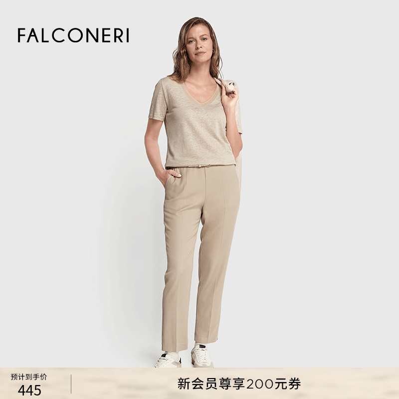 FALCONERI女士时尚简约经典优雅亚麻宽松V领罗纹短袖T恤DMM510N