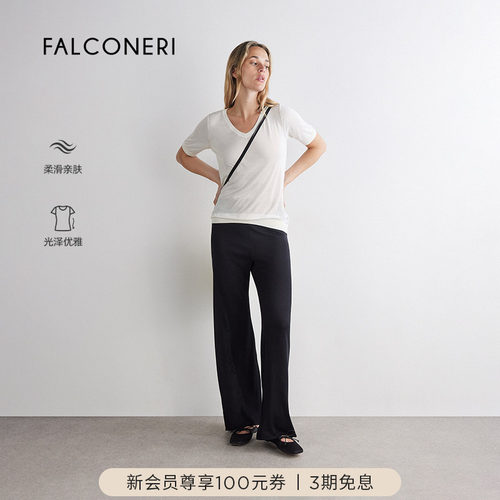 FALCONERI女士时尚经典百搭日常通勤休闲桑蚕丝V领短袖T恤DMM410B
