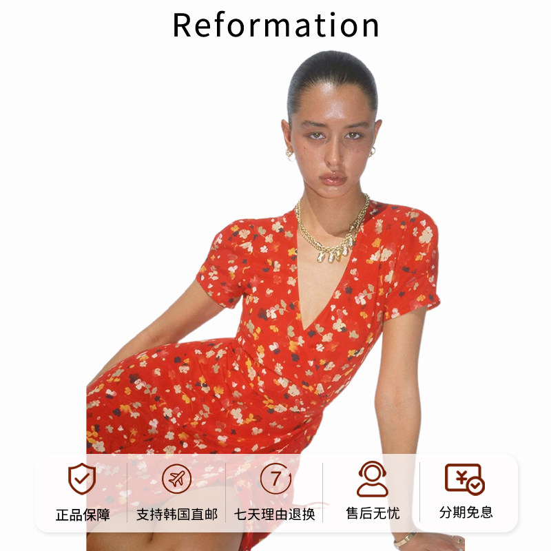Reformation复古风短袖V领连衣裙